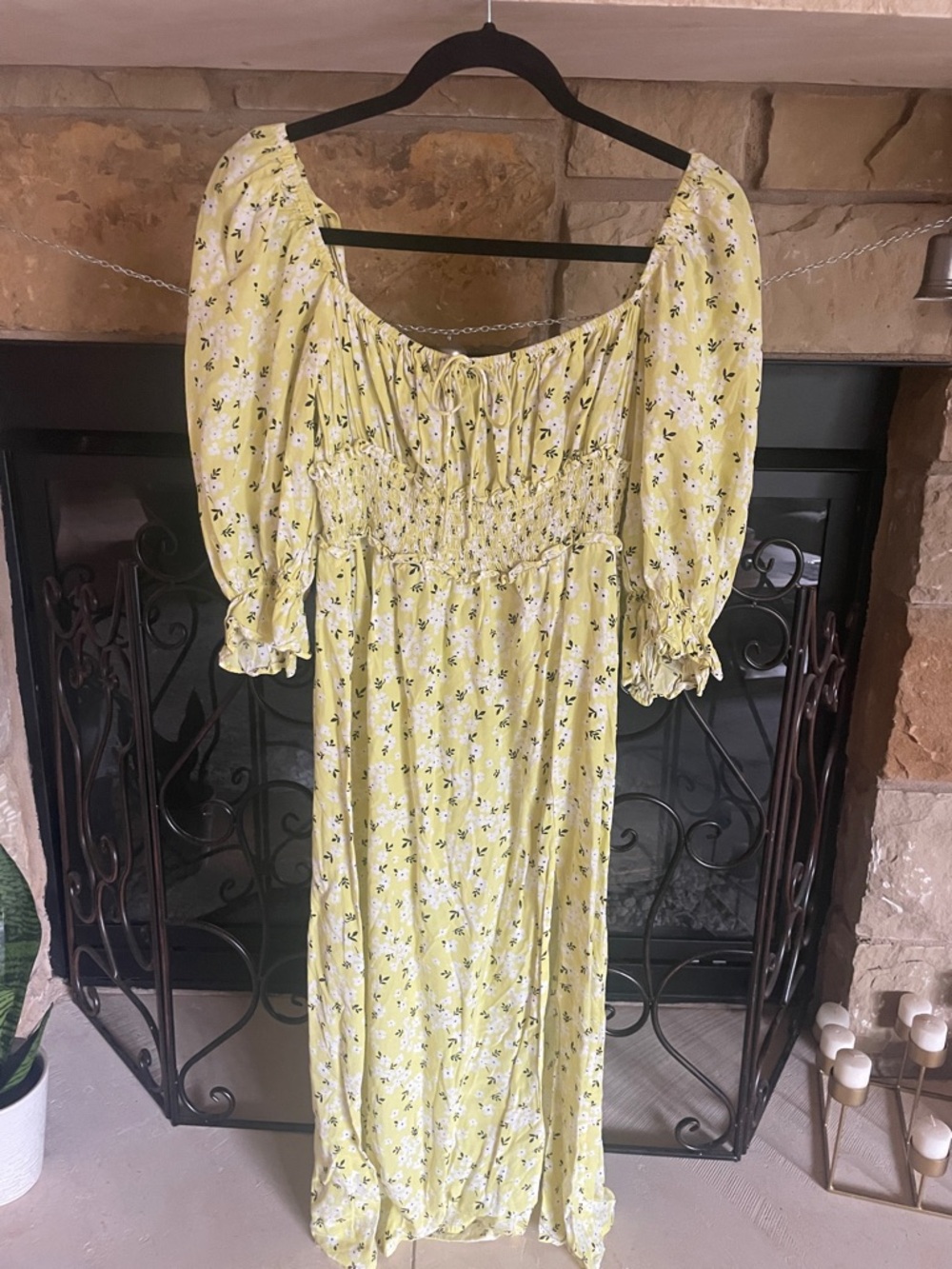 For Love and Lemons Print Yellow Floral Midi Maxi Dress with Smocked Waist EUC M